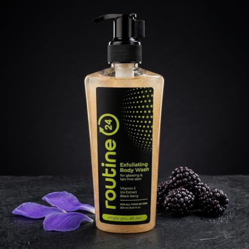 Image of Routine 24 Exfoliating Body Wash for Glowing & Tan-Free Skin 250ml | Vitamin E & Iris Extract, Blackberry Infused, All Skin Types, Daily Cleanser, Pump Dispenser
