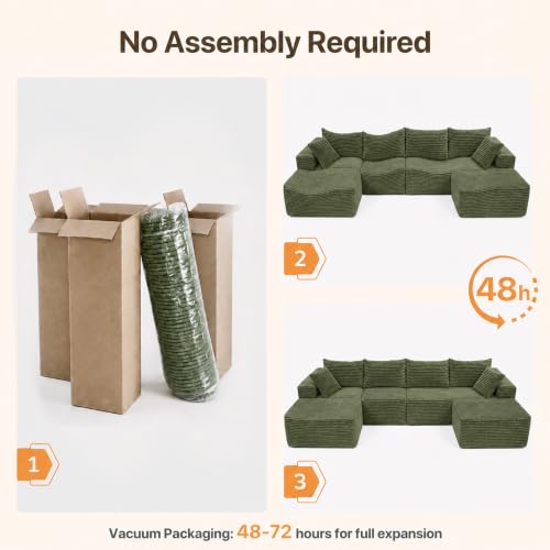 Image of Claiks 132 inch Boneless Couch, U-Shape Corduroy Sectional Sofa, Green