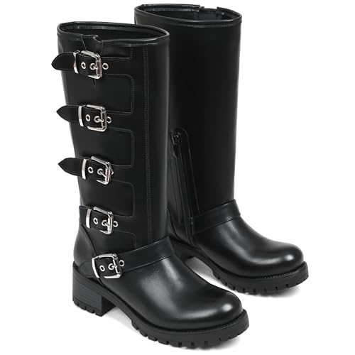 Image of AMINUGAL Knee High Boots Women Square Toe Pull On Wide Calf Riding Fashion Buckles Chunky Metallic Casual Vintage Buckle Rivet