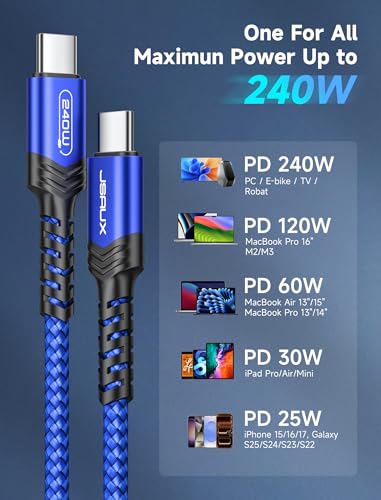Image of JSAUX 240W USB C to USB C Cable 6.6FT&10FT, Type C Fast Charging Cord, Blue | 240 Watt PD Fast Charging Cord for MacBook, iPad, Dell XPS, iPhone 17 /16 /15 series, Galaxy S26 /S25 /S24 and Pixel
