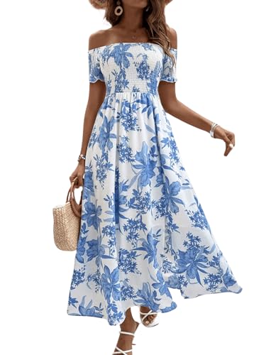 Floerns Women's Boho Ditsy Floral Print Off Shoulder Short Sleeve Split Maxi A Line Dress