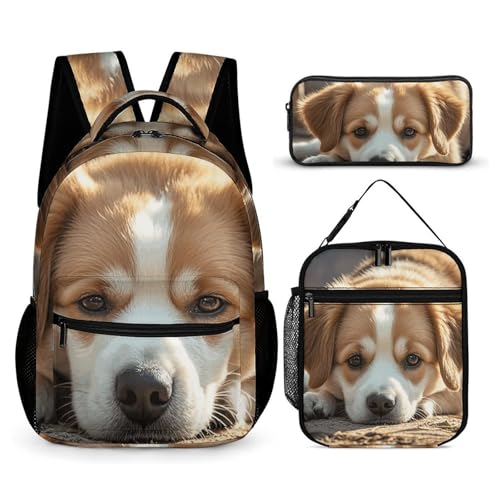 Lazy Dog Puppy Backpack Set 3 Piece, Durable Backpack Insulated Lunch Bag Portable Pencil Case for Men Women