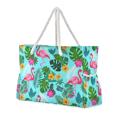 Summer Flamingos Palm Leaf Blue Sturdy foldable beach bag with zipper large tote bags for women for Pool Gym Grocery Travel