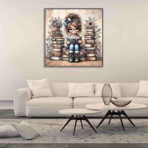 Image of Girl Cross Stitch Kits for Adults Beginner,Book Flower Counted Cross Stitch Kits Printed Stitching Cute Patterns Dimensions Needlepoint Art Crafts Embroidery Kits for Adults Beginners (13.7x13.7 inch)