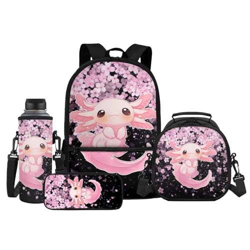 Xhuibop Cute Axolotl Backpack Set for Girls 8-12 4pcs Kids School Bag Cherry Blossom Backpack with Lunch Box, Pencil Case, Water Bottle Sleeve, Lightweight Middle School Bookbag