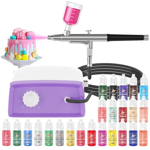 Cake Decorating Kit with 24 Food Coloring, 2025 Upgraded Cookie Decorating Kit with Suction Cups, Dual Action Stepless Speed Airbrush Decorating Kit with Compressor, Food Airbrush Set for Cake, Dessert