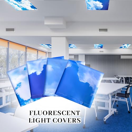 Image of ROCEEI Pack of 4 Fluorescent Light Covers for Ceiling Lights, 4 x 2 Ft, Magnetic Light Covers for Classroom Office Home School Ceiling Decor(Blue Sky White Clouds)