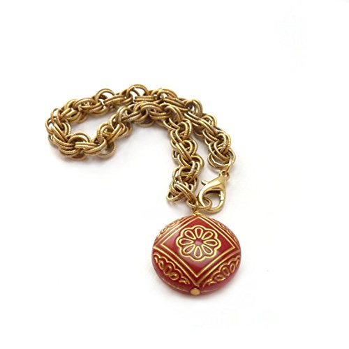 Gold Chain Red Charm Holiday Bracelet Handmade Bohemian Stacking Jewelry