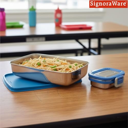 Image of SignoraWare Munch Mate Stainless Steel Lunch Box | Airtight & Leakproof | Durable & Compact | Easy to Carry | Ideal Tiffin for Office, School & Travel (850ml + 160ml | TBlue)
