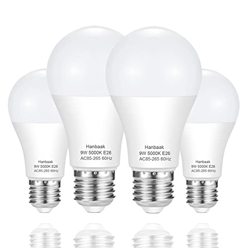 Hanbaak E26 LED Bulb, 60W Equivalent Light Bulb, 9W Medium Screw Base Bulb, Non-Dimmable, Daylight White 5000K 4 Packs Hanbaak E26 LED Bulb, 60W Equivalent Light Bulb, 9W Medium Screw Base Bulb, Non-Dimmable, Daylight White 5000K 4 Packs