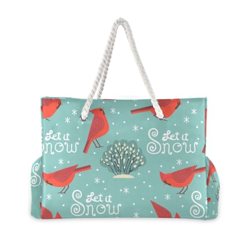 OTVEE Winter Red Birds Let It Snow Large Beach Tote Bag Top Zipper Beach Bags for Pool Gym Grocery Travel2
