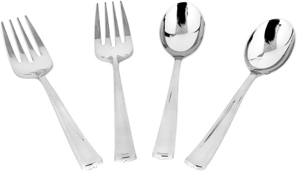 Serving Spoon and Fork Set - 144 Count - Silver Plastic - for Buffets, Catering and Entertaining