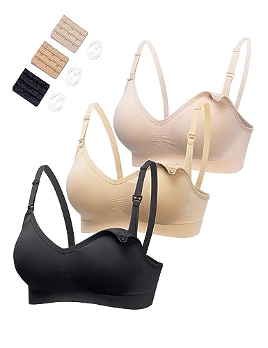 Image of HOFISH Maternity Nursing Bras for Breastfeeding, 3 Pack Pregnancy Deep V Neck Wireless Bra with Extenders & Clips