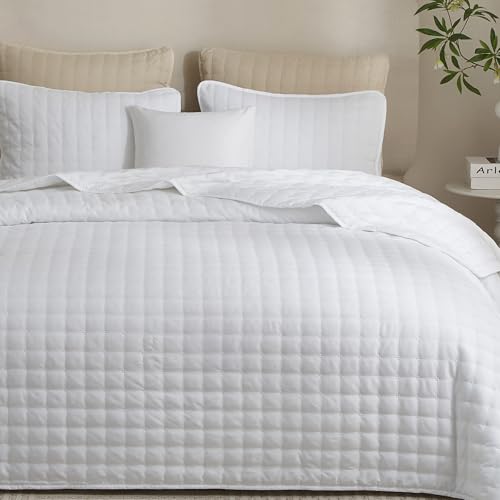 Powdion Quilt King Size, Lightweight Soft King Quilt Comforter Coverlet, All Season White Quilt King Size with Pillow Shams, Western Shabby Chic Thin Comforter 3 Pcs 96x106 Bedspread