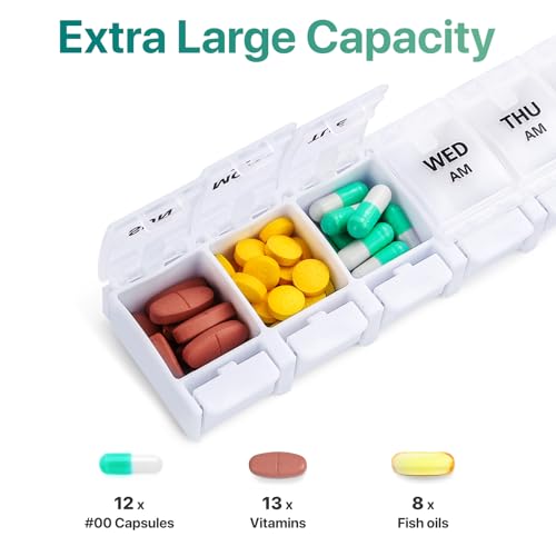 Image of Sukuos AM PM Weekly Pill Organizer 7 Day, 2 Times A Day Medicine Pill Box with Easy Push Button, BPA Free Vitamin Cases for Fish Oil /Supplements (Pink&White)