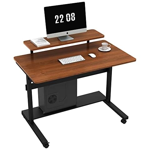DESIGNA Height Adjustable Stand Up Computer Desk, 41'' Mobile Standing Desk Store Rolling Sit Stand Work Station for Home Office with Wheels CPU Stand Monitor Shelf & Detachable Hutch,Teak Cover