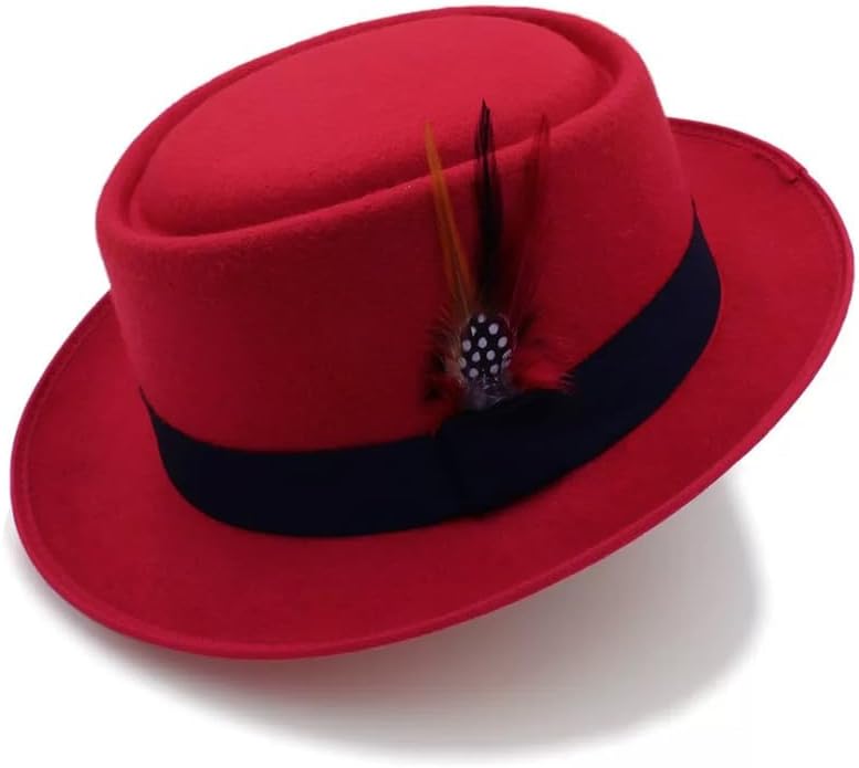 Classic Pork Pie Hat with Feathers Flat Top Fedora, Vintage Panama Hats, Warm Comfortable Jazz Cap