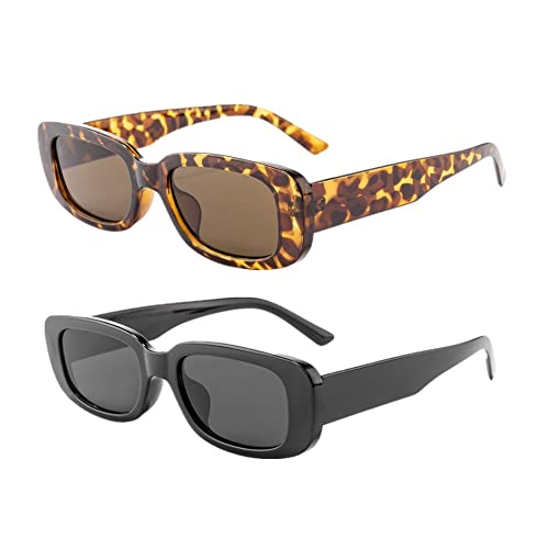 2 pares de lentes de sol rectangulares pequeños para mujeres y hombres, gafas cuadradas retro UV400 de protección de verano, Leopardo+negro, talla única Cover