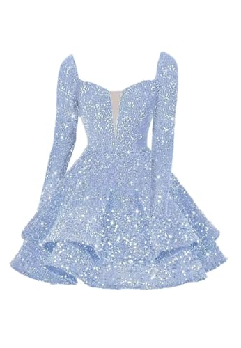 YOFF Sparkly Sequin Tiered Short Homecoming Dresses for Teens 2025 Long Sleeves Sweet 16 Prom Cocktail Dress YO2214
