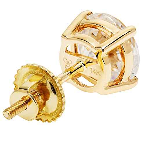 14K Solid Yellow Gold Stud Earrings | Round Cut Cubic Zirconia | Screw Back Posts | 2.0 Ctw | With Gift Box #TOP4