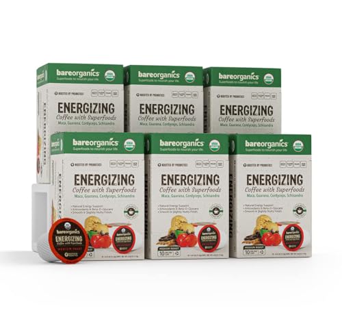 Energizing Organic Coffee Pods – Medium Roast with Superfoods & Probiotics – Infused with Maca, Guarana, Cordyceps Mushroom Extract, Schisandra – Vegan, Gluten-Free - 10 Recyclable Single Serve K-Cups - 6 Pack