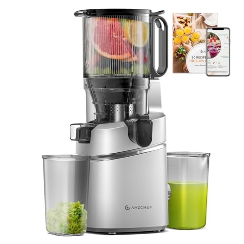 AMZCHEF Automatic - Cold - Press - Juicer - Machines 250W Free Your Hands - 145MM Opening and 2L Capacity Slow Juicers for Whole Fruit and Vegetable - Triple Filter, Safety Lock, Classic Silver
