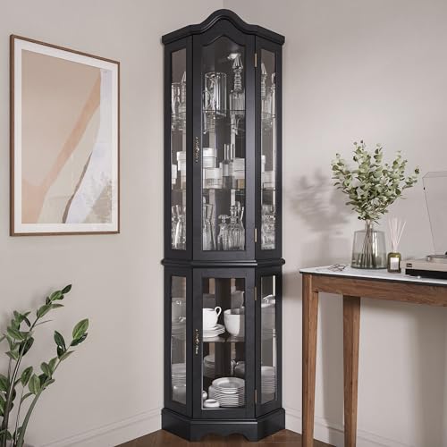 Image of BELLEZE Lighted 3-Side Glass Display Curio Cabinet w /Tempered Glass Doors and Shelves, Curved Wood Corner Cabinet with Bulb, Corner Storage Rack for Living Room and Kitchen (Black)