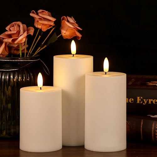Image of Wondise IP65 Outdoor Waterproof Flameless Candles with Remote & Timer | Battery Operated LED Candles with 3D Wick White Plastic Pillar Candles for Outdoor Decoration Set of 3(D3 x H4 /5 /6 Inch)