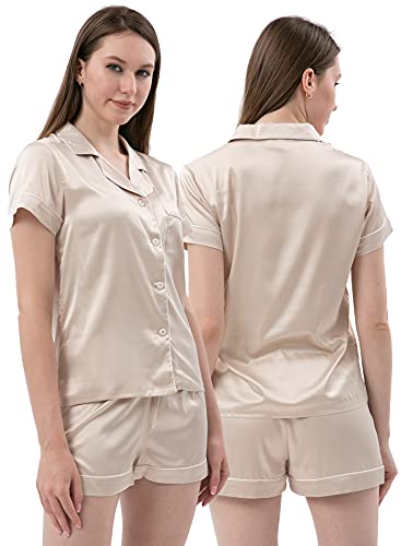 VeiOh Womens Silk Satin Pajamas Set Two-Piece Pj Sets Short Sleeve Sleepwear Button-Down Loungewear Pj Sets