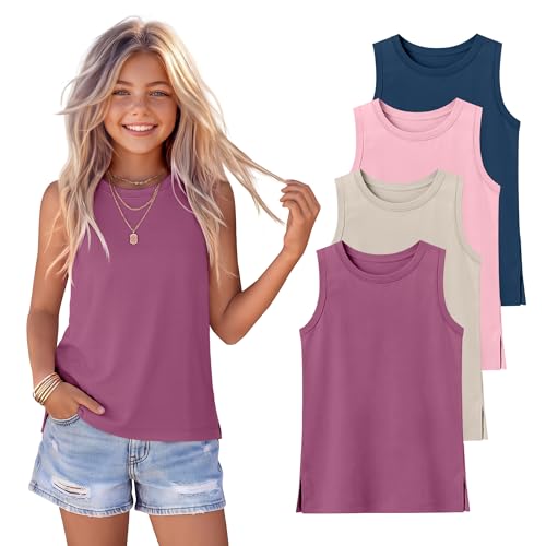 YooAurvox 4 Pack Girls Tank Tops Sleeveless Undershirts Crew Neck Casual Summer T-Shirt Kids Teen Cute Cami Tanks 5-14 Years(Haze Blue Pink Cream Fuchsia 9-10 Years)