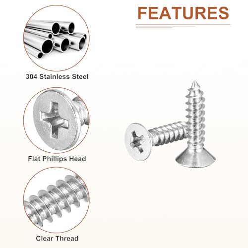 Image of DTGN 50Pcs #6x5 /8 inch Flat Head Wood Screws, 304 Stainless Steel Phillips Self Tapping Screws - Good for Woodworking, Furniture - Silver