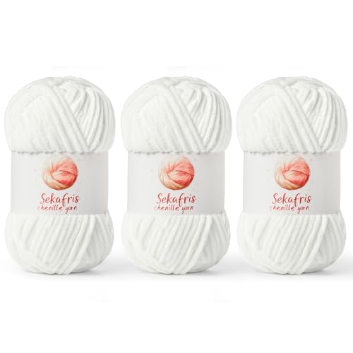 Image of Chenille Yarn for Crocheting, Size 5 Bulky,3 White