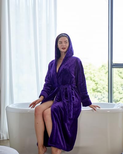 Womens Fleece Hooded Fluffy Bathrobe Plush Long soft cozy Winner Warm fuzzy Spa Robe with deep pockets3