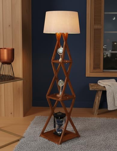 Image of XXX Modern Wooden Metal Floor Lamp with 3-Tier Storage Shelves - Geometric Cross-Frame Standing Lamp for Living Room & Bedroom - Tall Decorative Display Shelf Light with Shade