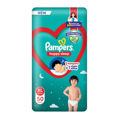 Image of Pampers Happy Sleep Pant Style Baby Diapers, X-Large (XL), 50 Count, 1 Pampers = 1 Night Sleep, with Anti Rash Shield, 12-17 Kg Diapers