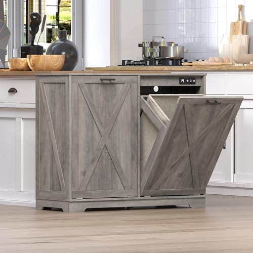 Image of BORNOON Tilt Out Trash Can Cabinet for 2 Bins, Hidden Recycle Garbage Bin Enclosure, Wooden Double Laundry Cabinet with Odor Control, Negative Ion & Ozone, for Kitchen, Bathroom, Laundry Room