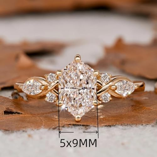 Gold Plated Engagement Rings 3-Stone Marquise & Long Emerald Cut Cubic Zirconia CZ Wedding Promise Rings for Her Wedding Bands for Women Size 6-10(8)2