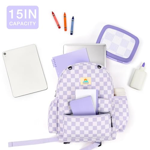 Image of STEAMEDBUN Corduroy Kids Backpack for Girls and Boys 5-8: Girls Backpack for Elementary Kindergarten - 15 inch Cute Backpacks for Kids - Checkerboard