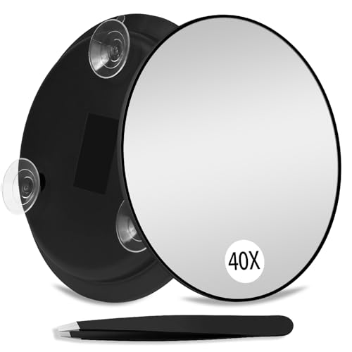Suupvaor Magnifying Mirror 40X with Suction Cups Large 6inch Travel 40X Magnified Round Makeup Mirror with High Magnification Make up Mirror with Tweezers Sets