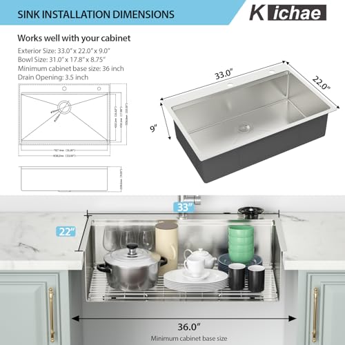 Image of Kichae 33 Kitchen Sink Drop In Workstation 16 Gauge Stainless Steel | 33 x 22 Kitchen Sink Ledge Workstation Topmount Drop-In Single Bowl Single Bowl With Glass Rinser