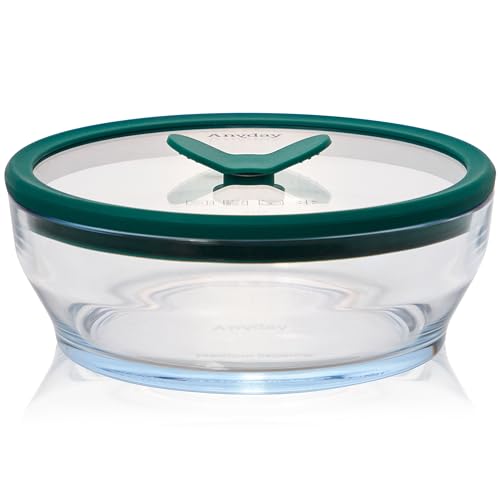 Anyday 4-Cup Glass Food Storage with Glass Lid, Round Shallow Dish |...