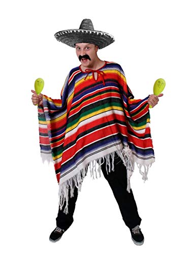ILOVEFANCYDRESS Poncho mexicano multicolorido para adultos com chapéu preto e maracas amarelas