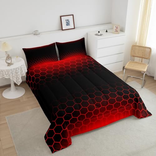 Image of Feelyou Red Black Ombre Comforter Set Twin, Honeycomb Bedding Set for Kids Abstract Hexagonal Comforter Ombre Duvet with 1 Pillow Case
