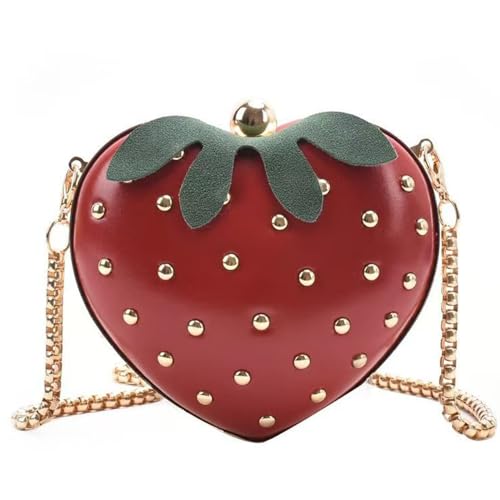 Strawberry Heart-Shaped Crossbody Bag for Girls, Studded Fruit Shoulder Bag with Chain