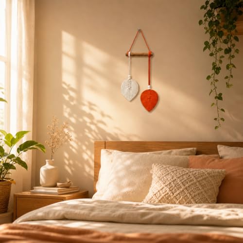Image of AdFashionble Boho Macrame Wall Hanging Leaf Decor for Home, Living Room & Bedroom | Cotton Thread Art with Wooden Rod | Minimalist Handmade Wall Decoration | Aesthetic Nordic Wall Art for Home, Office & Gift Purpose Lenght- 58 cm Width- 15 cm (ORANGE & OFFWHITE)
