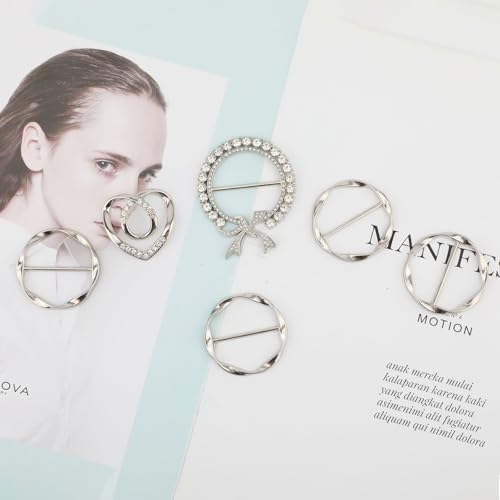 Image of 6pcs Scarf Ring Clips, Stylish Metal T-Shirt Tie Clips Silver Silk Scarf Cinch Clip Alloy Waist Buckle Twist Tee Knot Clasp for Loose Clothes Shawl Cardigan