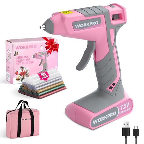 WORKPRO Cordless Hot Glue Gun, 7.2V Glue Gun with 50 Pcs Premium Mini Glue Sticks and Storage Bag,...