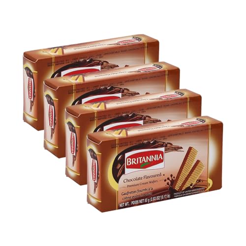 Britannia Chocolate Flavoured Premium Cream Wafers 2.28oz (80g) - Breakfast & Tea Time Snacks - Crunchy, Healthy and Delicious (Pack of 4)