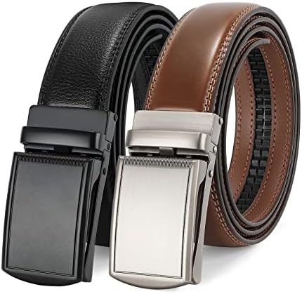 VONMELLI 2 Pack Men's Leather Ratchet Belt Comfort Dress Belt for Men Click Sliding Buckle Adjustable Belts S