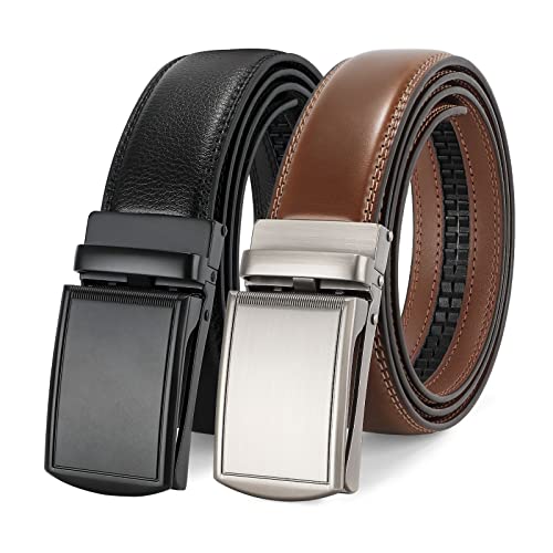 Vonmelli 2 Pack Men's Leather Ratchet Belt Comfort Dress Belt For Men Click Sliding Buckle Adjustable Belts S #TOP1